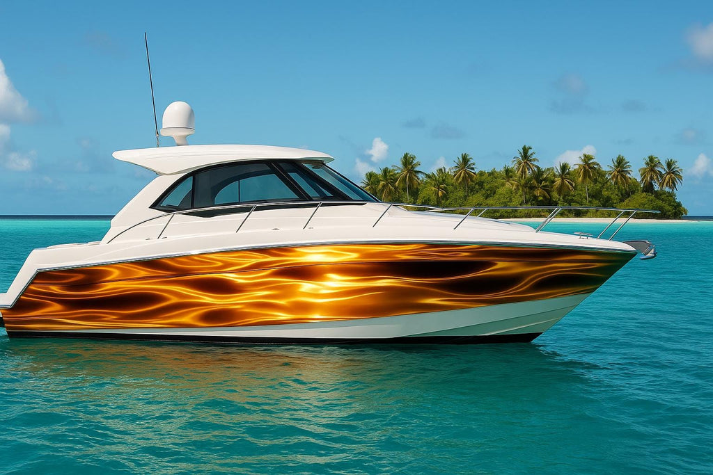 Golden Tide Boat Wrap – Metallic Gold Water Vinyl Wrap – Marine Grade Boat Decal – Custom Full Side Wrap – Glossy Wave Reflection Design