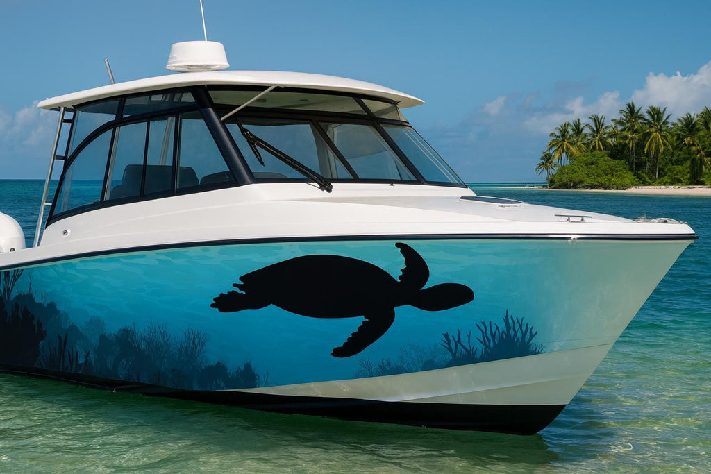 Sea Turtle Reef Boat Wrap – Ocean Marine Vinyl Wrap – Underwater Coral Reef Design – Custom Boat Decal – Full Side Wrap in Blue Gradient