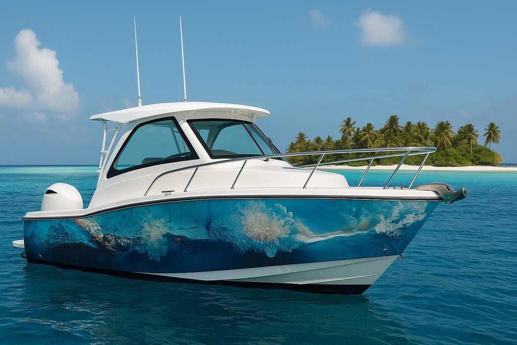 Coral Depths Boat Wrap – Realistic Underwater Reef Vinyl Wrap – Marine Grade Boat Decal – Custom Full Side Wrap – Ocean Coral Design Blue
