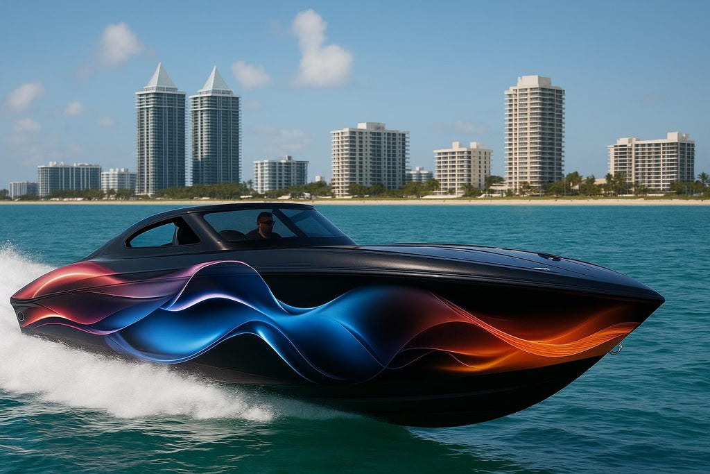 Neon Wave Boat Wrap – Red Blue Gradient Vinyl Wrap – Marine Grade Full Side Wrap – Futuristic Flow Design – Custom Glossy UV-Resistant Boat