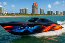 Load image into Gallery viewer, Neon Wave Boat Wrap – Red Blue Gradient Vinyl Wrap – Marine Grade Full Side Wrap – Futuristic Flow Design – Custom Glossy UV-Resistant Boat