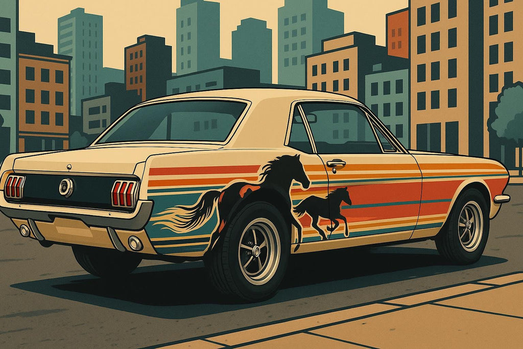 Retro Mustang Horse Car Wrap | Vintage Racing Stripe Vinyl | Gift For Classic Car Lovers | Custom Vehicle Wrap | Sunset Art Decal