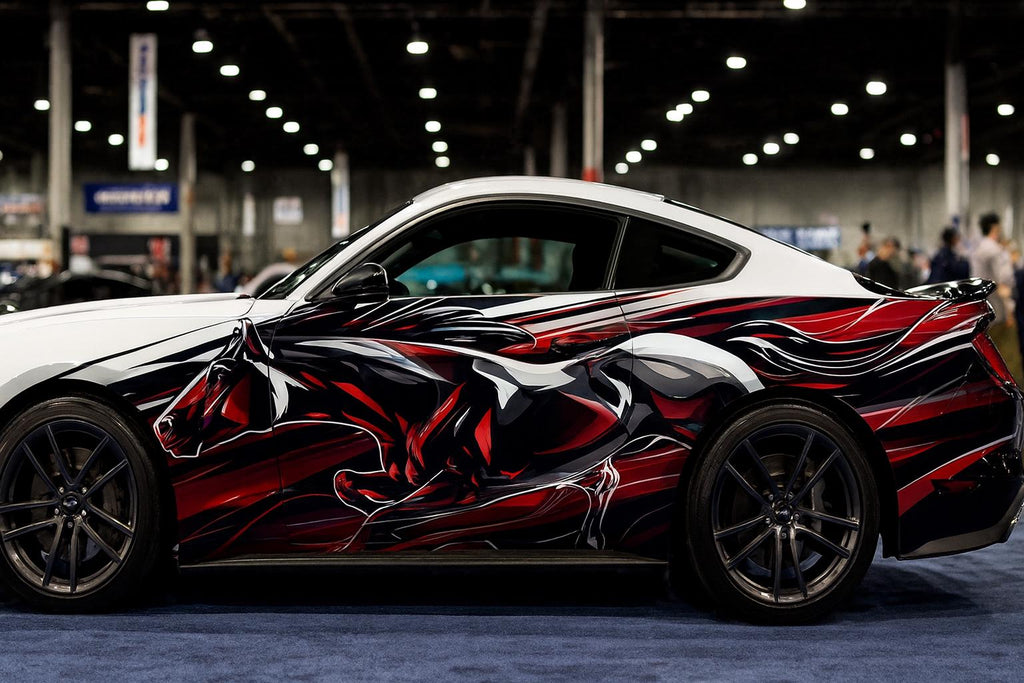 Black Red Mustang Horse Car Wrap | Custom Racing Vinyl | Muscle Car Wrap | Gift For Car Lovers | Show Car Graphics | Holiday Automotive Art