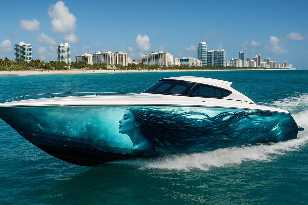 Aqua Siren Boat Wrap – Teal Ocean Goddess Vinyl Wrap – Marine Grade Full Side Boat Decal – Underwater Fantasy Design – Custom High-Gloss