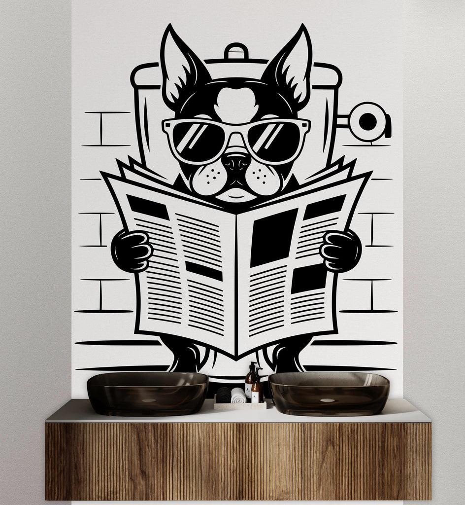 Boston Terrier reading newspaper wall decal Bathroom Dog decor Dog wall art Decal Dog Lover Animals Dog Bathroom Wall Decals Stickers 158DE