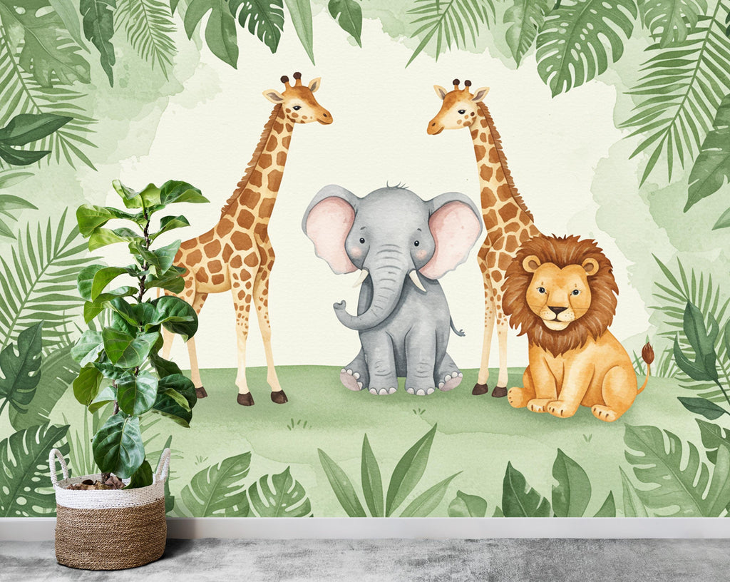 Safari Animals Wallpaper Lion Peel and Stick Safari Giraffe room Wallpaper Nursery Self Adhesive Elephant Animal nursery decor Mural 972RS