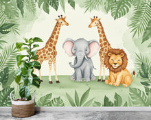 Load image into Gallery viewer, Safari Animals Wallpaper Lion Peel and Stick Safari Giraffe room Wallpaper Nursery Self Adhesive Elephant Animal nursery decor Mural 972RS