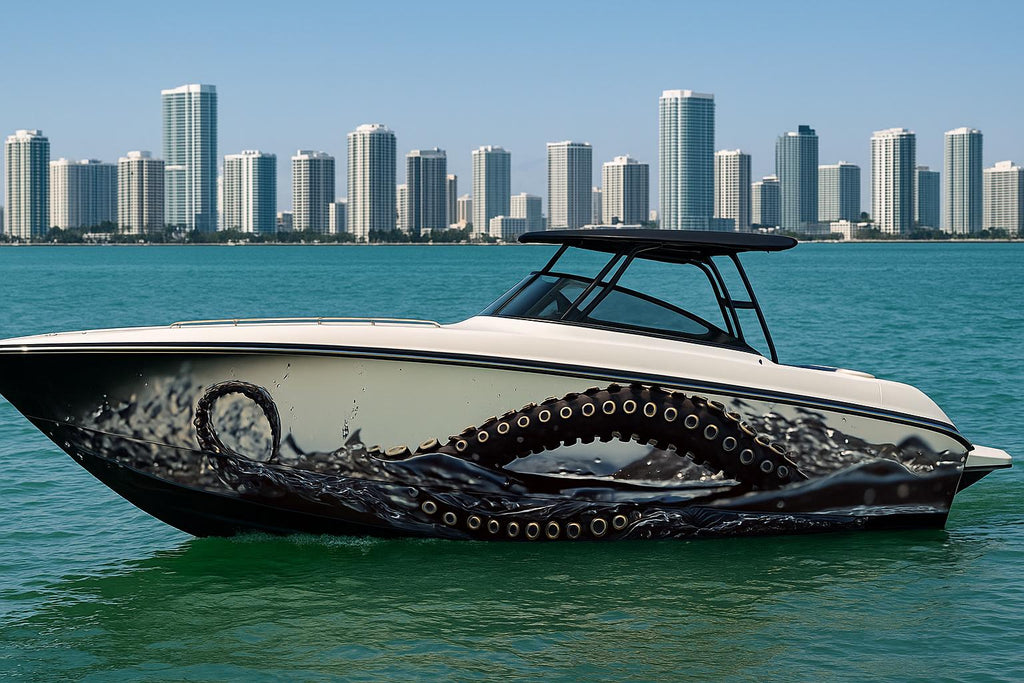 Kraken Surge Boat Wrap – Octopus Tentacle Vinyl Wrap – Marine Grade Full Side Boat Decal – Realistic Ocean Wave Design – Custom Glossy