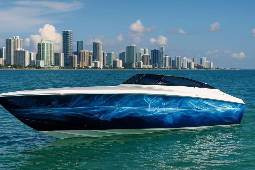 Blue Inferno Boat Wrap – Ocean Wave Vinyl Wrap – Marine Grade Full Side Boat Decal – Electric Blue Smoke Design – Custom Glossy Marine