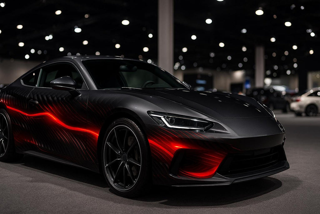 Futuristic Red Neon Car Wrap | Black Matte Sports Car Vinyl | Custom Racing Wrap | Gift for Car Lovers | Holiday Auto Art | High-Tech