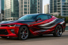 Load image into Gallery viewer, Red Silver Flow Camaro Wrap | Custom Muscle Car Vinyl | Racing Sport Design | Gift for Car Lovers | Holiday Auto Wrap | Modern Car