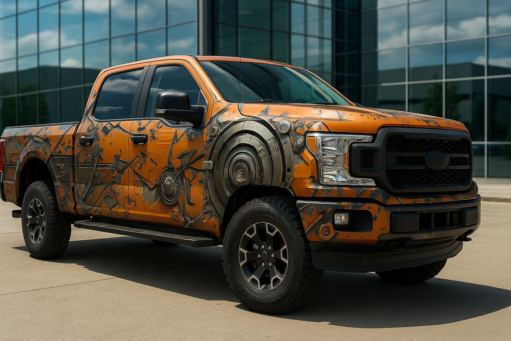 Mechanical Armor Truck Wrap | Orange Industrial Car Vinyl | Cyber Steampunk Design | Gift for Him | Holiday Truck Lover Gift