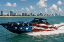 Load image into Gallery viewer, Freedom Waves Boat Wrap – American Flag Vinyl Wrap – Patriotic Red White Blue Marine Decal – Realistic Ocean Texture – Custom Glossy