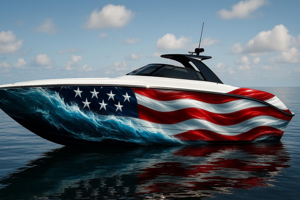 Ocean Glory Boat Wrap – American Flag Vinyl Wrap – Patriotic Marine Boat Decal – 3D Realistic Water Wave Flag Design – Custom Glossy Marine