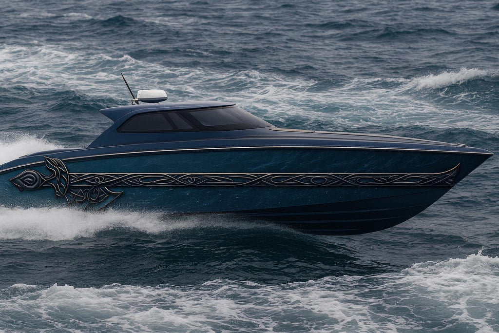 Nordic Tide Boat Wrap – Viking Knot Ocean Design – Metallic Teal Marine Vinyl Wrap – Celtic Line Art Hull Decal – Custom Glossy Marine Grade