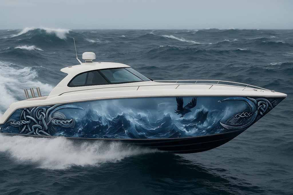 Viking Storm Boat Wrap – Norse Ocean Warrior Vinyl Wrap – Mythic Marine Design With Runes And Waves – Custom Glossy Marine Vinyl Wrap