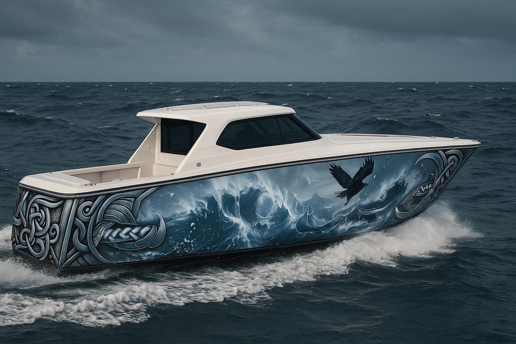 Viking Storm Boat Wrap – Norse Ocean Warrior Vinyl Wrap – Mythic Marine Design With Runes And Waves – Custom Glossy Marine Vinyl Wrap