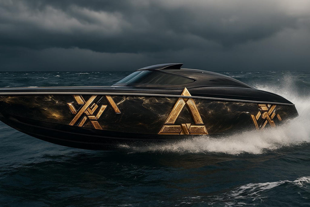Luxury Black And Gold Boat Wrap – Custom Geometric Marine Vinyl Graphic For Cigar Boats, Speedboats & Offshore Racing Boats | Premium Boat