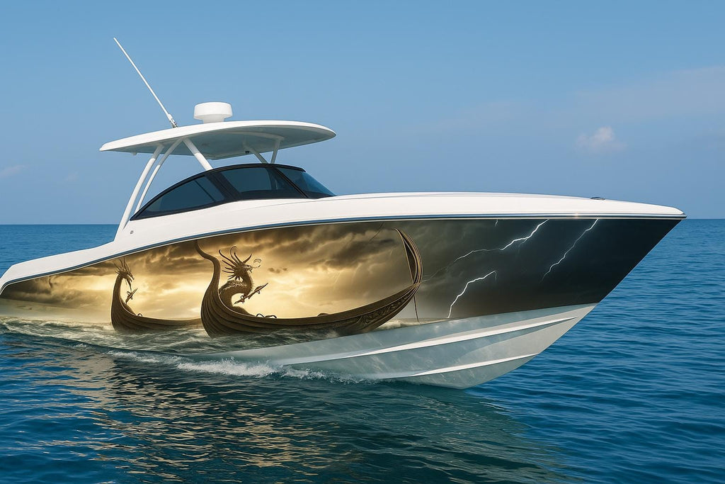Viking Dragon Boat Wrap – Epic Fantasy Marine Vinyl Graphic for Speedboats, Cigar Boats & Fishing Boats | Custom Norse-Inspired Boat Wrap
