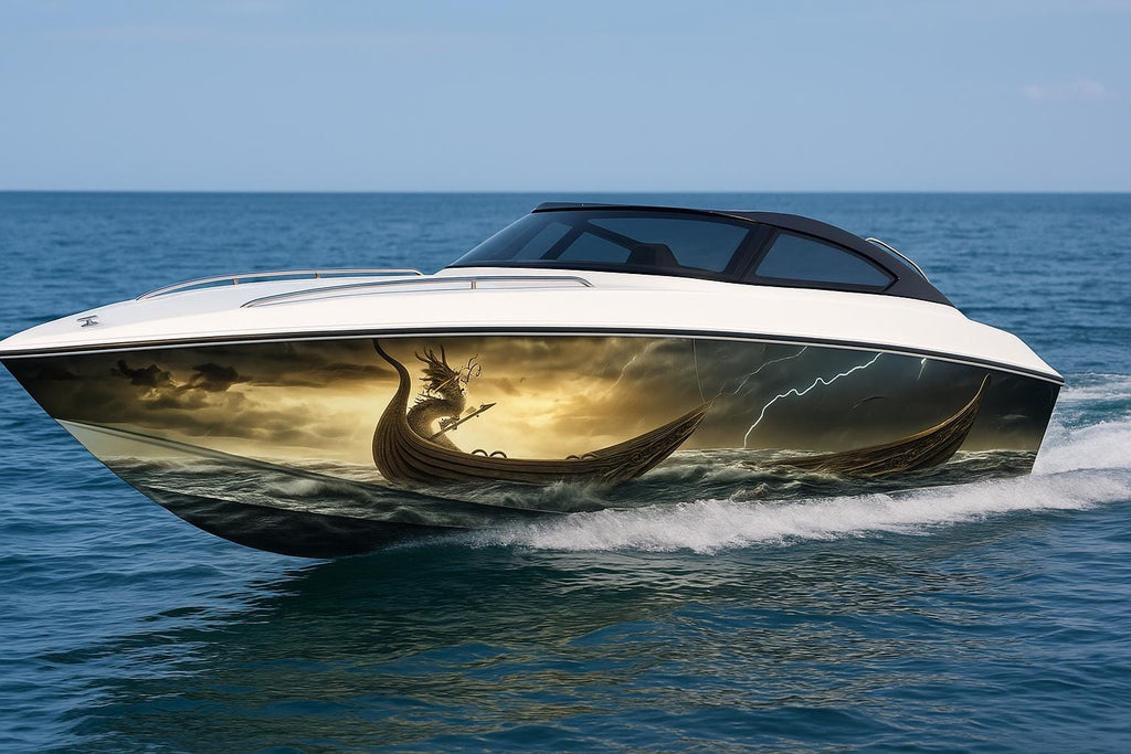 Viking Dragon Boat Wrap – Epic Fantasy Marine Vinyl Graphic for Speedboats, Cigar Boats & Fishing Boats | Custom Norse-Inspired Boat Wrap