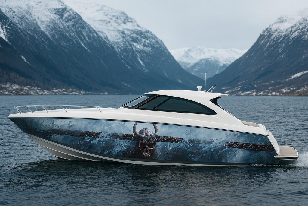 Viking Skull Boat Wrap – Custom Marine Vinyl Graphic for Speedboats, Cigar Boats & Offshore Racers | Norse Warrior Inspired Boat Wrap Design