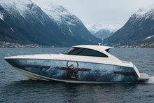 Load image into Gallery viewer, Viking Skull Boat Wrap – Custom Marine Vinyl Graphic for Speedboats, Cigar Boats &amp; Offshore Racers | Norse Warrior Inspired Boat Wrap Design