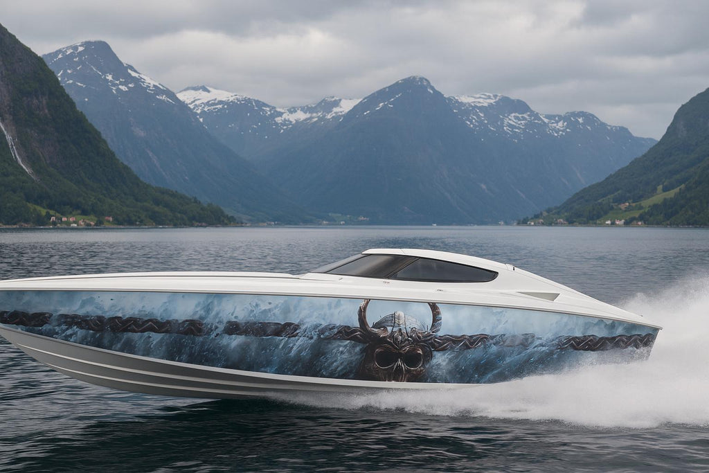 Viking Skull Boat Wrap – Custom Marine Vinyl Graphic for Speedboats, Cigar Boats & Offshore Racers | Norse Warrior Inspired Boat Wrap Design