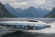 Load image into Gallery viewer, Viking Skull Boat Wrap – Custom Marine Vinyl Graphic for Speedboats, Cigar Boats &amp; Offshore Racers | Norse Warrior Inspired Boat Wrap Design