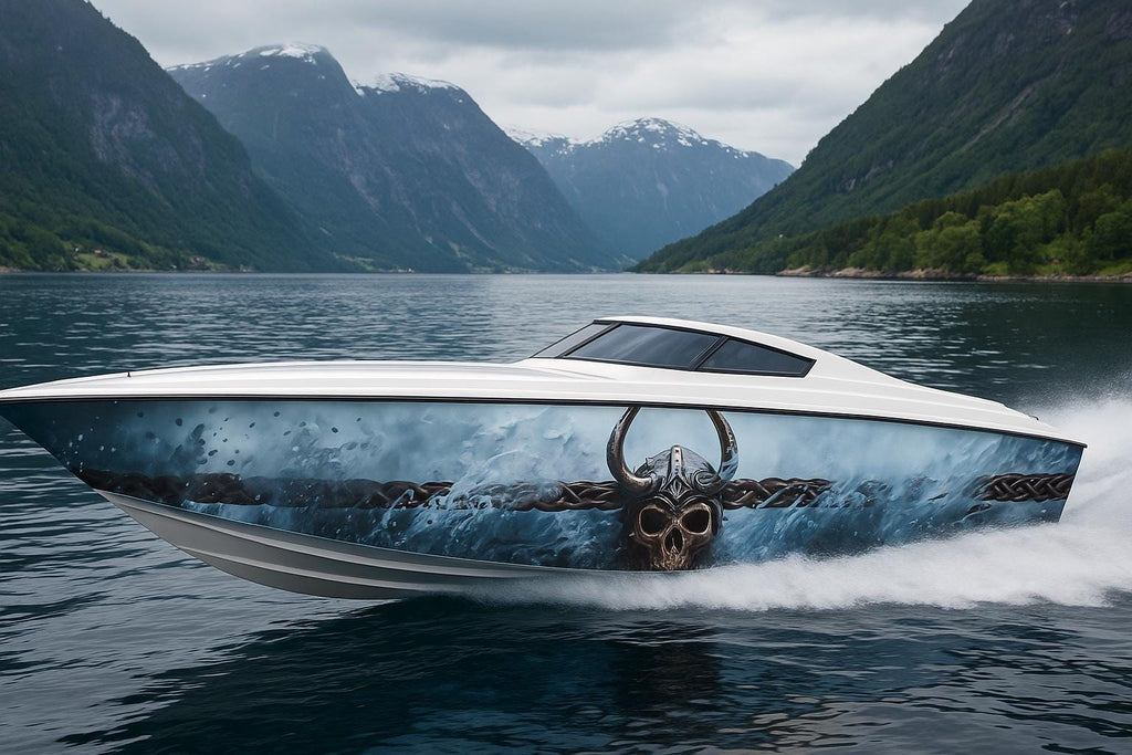 Viking Skull Boat Wrap – Custom Marine Vinyl Graphic for Speedboats, Cigar Boats & Offshore Racers | Norse Warrior Inspired Boat Wrap Design