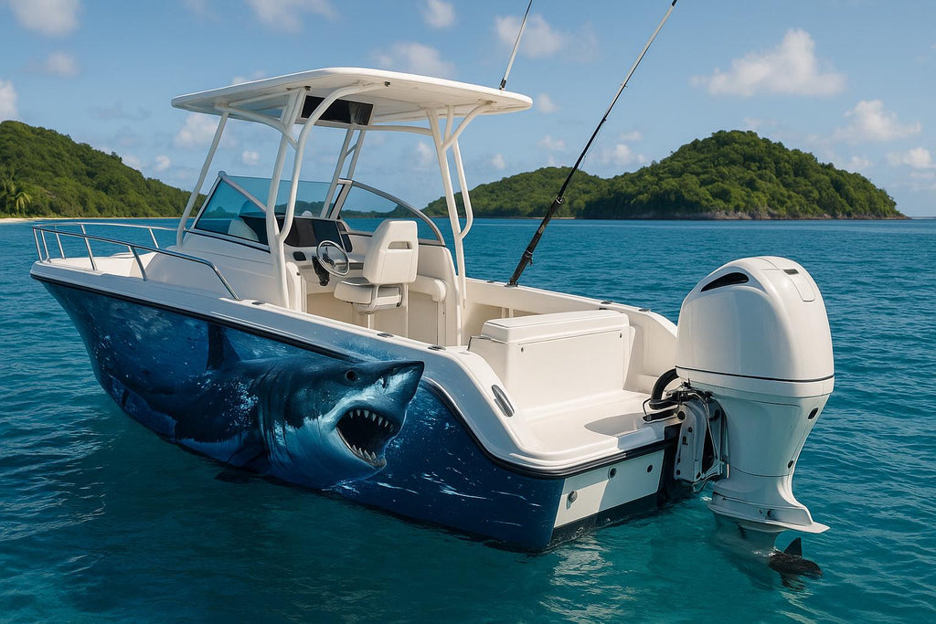 Great White Shark Boat Wrap – Full-Color Marine Vinyl Design for Sport Boats, Cigar Boats & Offshore Racers | Realistic Ocean Predator Boat