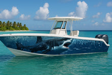 Load image into Gallery viewer, Great White Shark Boat Wrap – Full-Color Marine Vinyl Design for Sport Boats, Cigar Boats &amp; Offshore Racers | Realistic Ocean Predator Boat