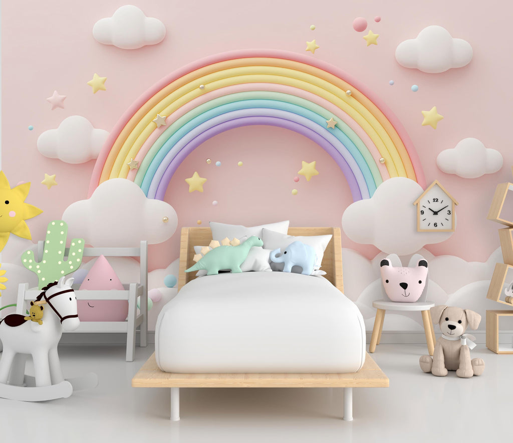 3D Rainbow Watercolor Cloud Wallpaper Stars Peel and Stick Girl room Wallpaper Nursery Self Adhesive Rainbow nursery decor Mural 952RS