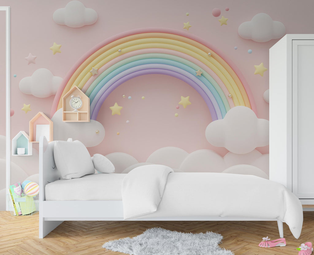 3D Rainbow Watercolor Cloud Wallpaper Stars Peel and Stick Girl room Wallpaper Nursery Self Adhesive Rainbow nursery decor Mural 952RS