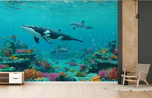 Load image into Gallery viewer, 3D Underwater Wall Graphics Whale Peel and Stick Sea Turtle Coral room Wallpaper Nursery Self Adhesive nursery wall decor Mural 953RS