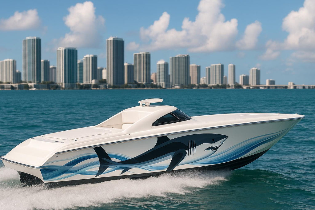 Stylized Shark Boat Wrap – Custom Marine Vinyl Design for Sport Boats, Fishing Boats & Cigar Boats | Ocean Predator Boat Wrap