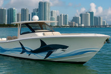 Load image into Gallery viewer, Stylized Shark Boat Wrap – Custom Marine Vinyl Design for Sport Boats, Fishing Boats &amp; Cigar Boats | Ocean Predator Boat Wrap