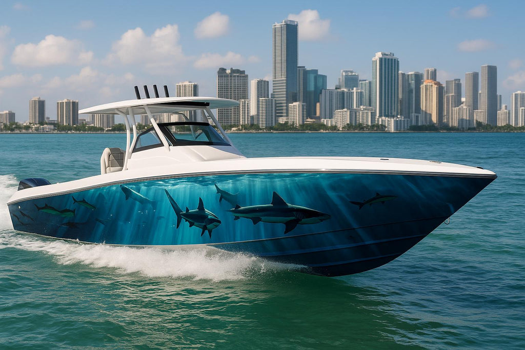 Deep Blue Shark Boat Wrap – Realistic Marine Vinyl Design for Sport Boats, Cigar Boats & Offshore Racers | Custom Ocean Predator Boat Wrap