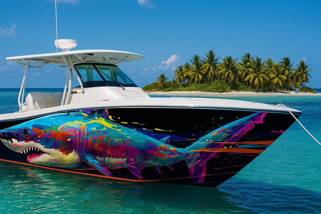 Abstract Rainbow Shark Boat Wrap – Vibrant Custom Marine Vinyl Design for Sport Boats, Cigar Boats & Offshore Racers | Colorful Shark Boat