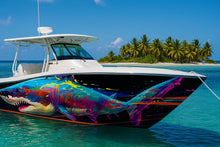Load image into Gallery viewer, Abstract Rainbow Shark Boat Wrap – Vibrant Custom Marine Vinyl Design for Sport Boats, Cigar Boats &amp; Offshore Racers | Colorful Shark Boat