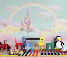 Load image into Gallery viewer, Rainbow Castle 3D Watercolor Wallpaper | Magical Fantasy Kids Room Wall Mural | Pastel Cloud Castle Nursery Decor | Fairytale Wall Art 163DE