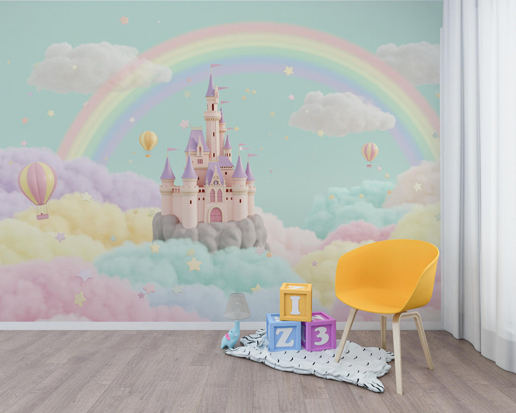 Rainbow Castle 3D Watercolor Wallpaper | Magical Fantasy Kids Room Wall Mural | Pastel Cloud Castle Nursery Decor | Fairytale Wall Art 163DE
