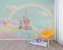 Load image into Gallery viewer, Rainbow Castle 3D Watercolor Wallpaper | Magical Fantasy Kids Room Wall Mural | Pastel Cloud Castle Nursery Decor | Fairytale Wall Art 163DE