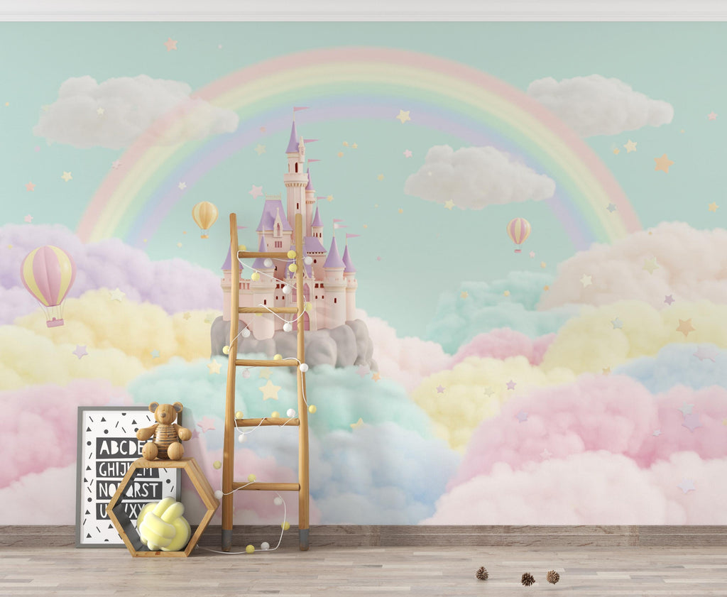 Rainbow Castle 3D Watercolor Wallpaper | Magical Fantasy Kids Room Wall Mural | Pastel Cloud Castle Nursery Decor | Fairytale Wall Art 163DE
