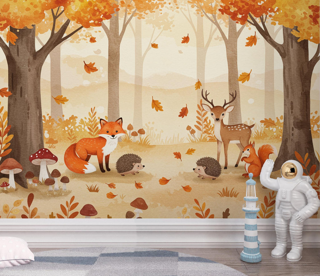Autumn Woodland Animals Watercolor Wallpaper | Cozy Fall Forest Nursery Wall Mural | Fox Deer Squirrel Kids Room Decor | Warm Art 164DE