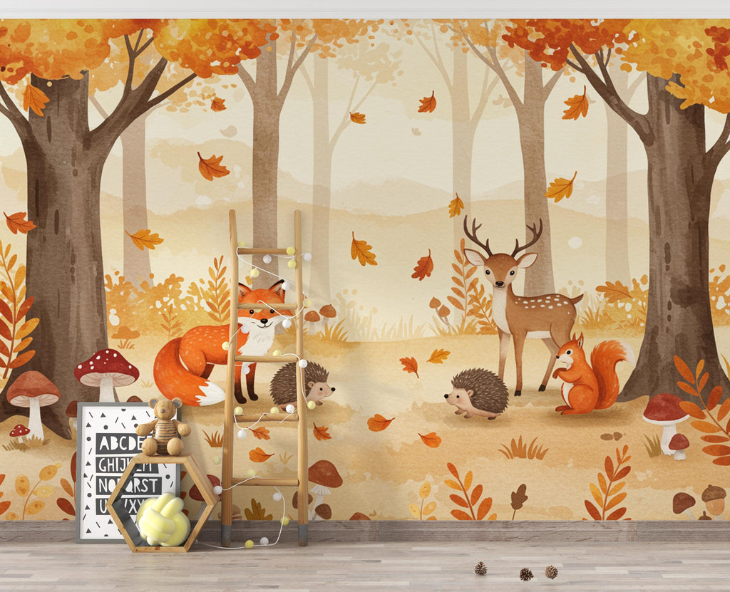 Autumn Woodland Animals Watercolor Wallpaper | Cozy Fall Forest Nursery Wall Mural | Fox Deer Squirrel Kids Room Decor | Warm Art 164DE