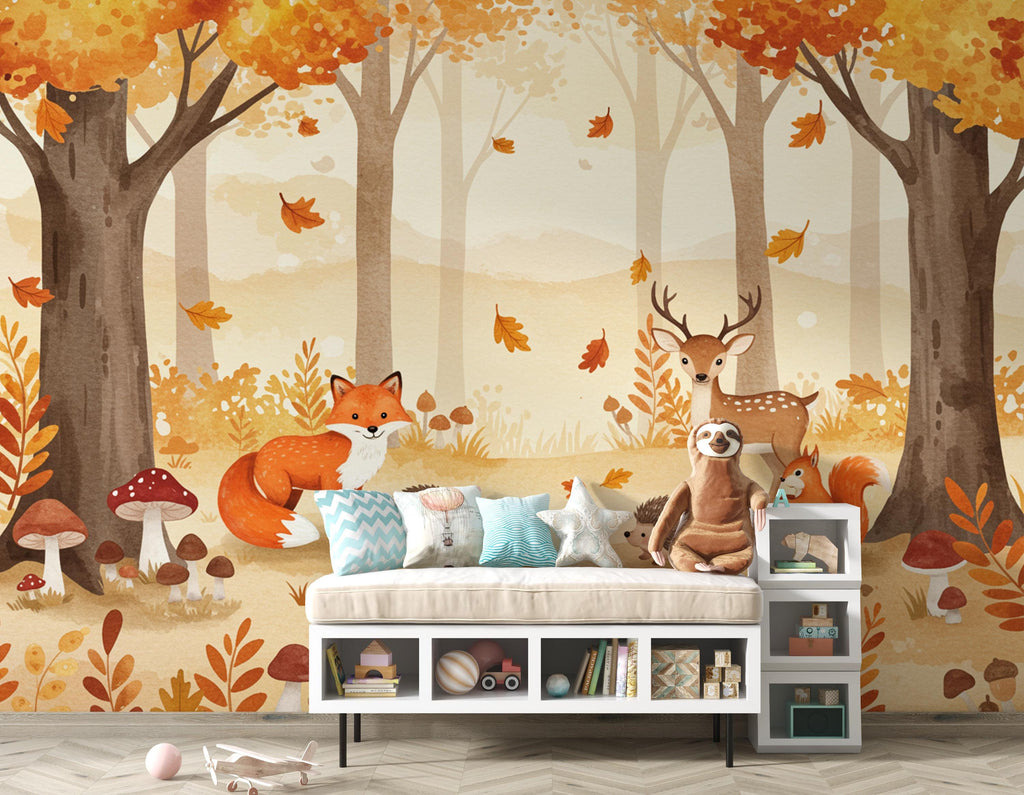 Autumn Woodland Animals Watercolor Wallpaper | Cozy Fall Forest Nursery Wall Mural | Fox Deer Squirrel Kids Room Decor | Warm Art 164DE