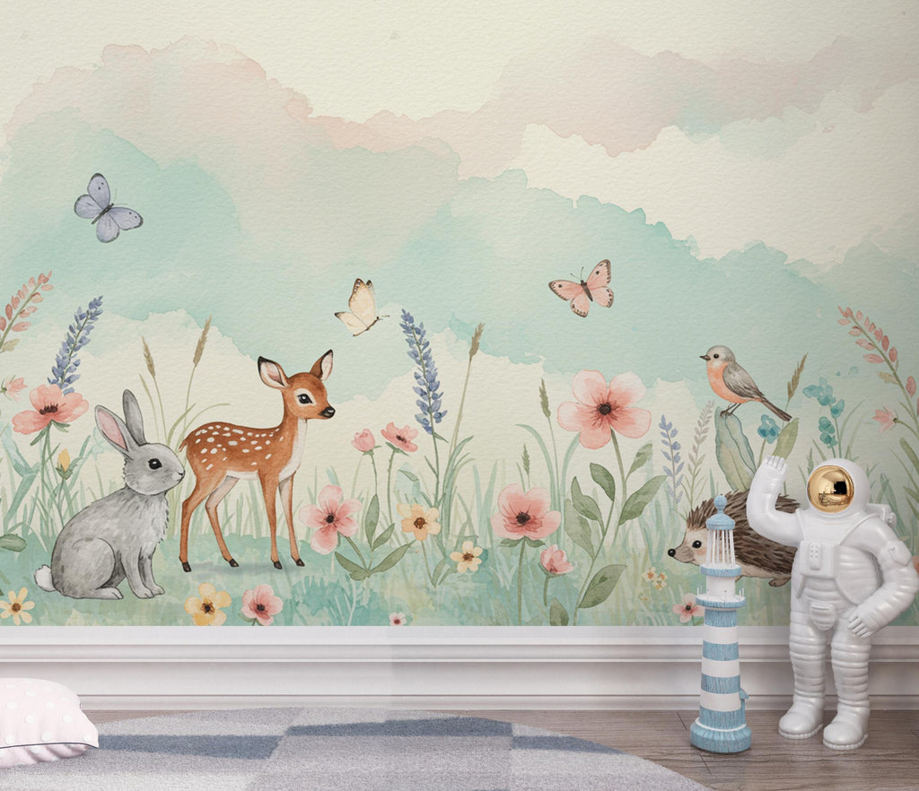 Animals Watercolor Meadow Wallpaper – Pastel Wildflower Mural with Bunny, Fawn & Butterflies | Nursery Wall Art Spring Kids Room Decor 165DE