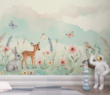 Load image into Gallery viewer, Animals Watercolor Meadow Wallpaper – Pastel Wildflower Mural with Bunny, Fawn &amp; Butterflies | Nursery Wall Art Spring Kids Room Decor 165DE