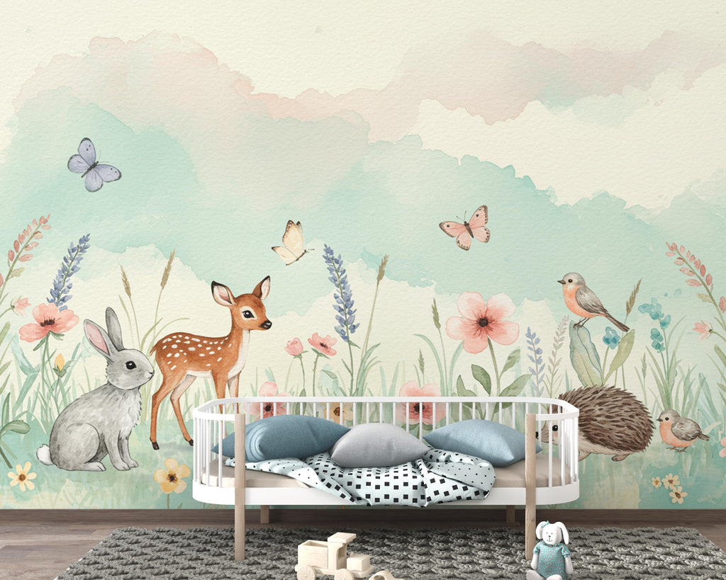 Animals Watercolor Meadow Wallpaper – Pastel Wildflower Mural with Bunny, Fawn & Butterflies | Nursery Wall Art Spring Kids Room Decor 165DE