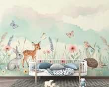 Load image into Gallery viewer, Animals Watercolor Meadow Wallpaper – Pastel Wildflower Mural with Bunny, Fawn &amp; Butterflies | Nursery Wall Art Spring Kids Room Decor 165DE